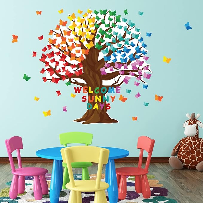 128 Pcs Butterfly Tree Bulletin Board Decorations Spring Classroom Bulletin Board Sets Welcome Sunny Days Back to School Cutouts for Wall Background Chalkboard Supplies