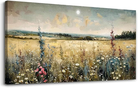 KELIYUAN Wall Art Canvas Retro Flower Picture Wall Decor For Living Room Restaurant Natural Landscape Painting Grass Flower Printed Artwork For Bedroom Farmhouse Office Home Decoration 20"X40"