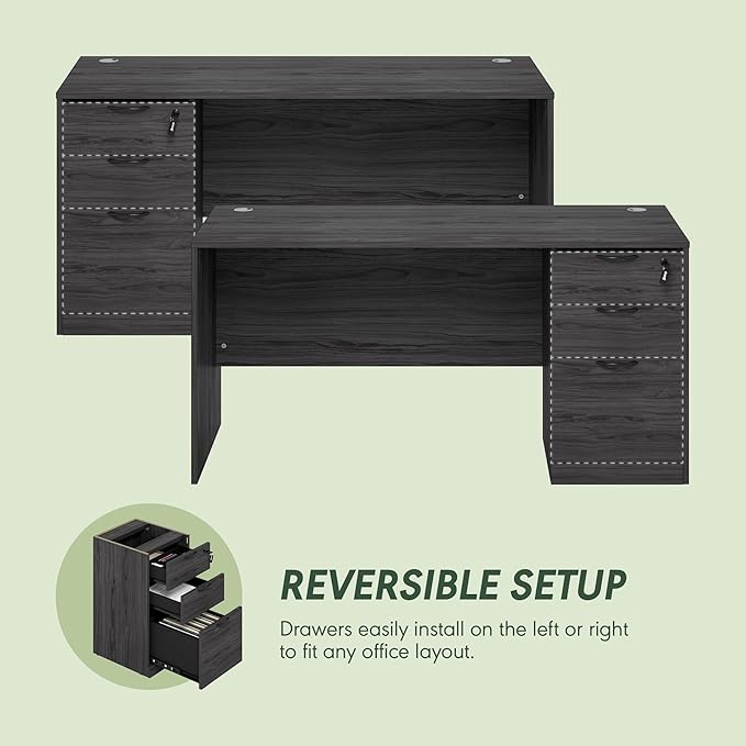Furinno Roger 60 Inch Executive Desk with File Cabinet, Home Office Desk with 3-Drawer Fixed Pedestal Filing Cabinet, Desk Cord Grommet, for Home Office, Coastal Grey