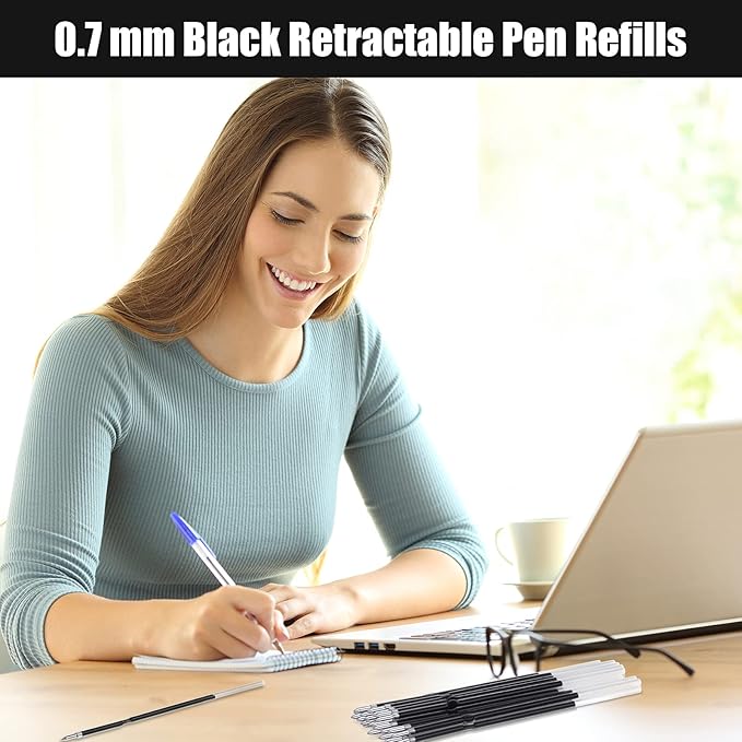 Outus 60 Pcs 0.7 mm Black Retractable Pen Refills Bulk 4.2inch Replacement Ballpoint Ink Pen Refills for Click Ball Point Pens School Office Supplies