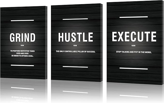COSCTOR Set of 3 Motivational Wall Art Canvas for Office Workplace Garage Gym Living Room Bedroom Grind Hustle Execute Black and White Wall Decor Inspirational Quotes Posters for Paintings(Framed,12x16)