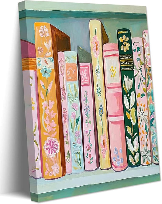 Book Wall Art Vintage Flower Books Canvas Wall Decor Pastel Bookshelf Artwork Painting Pictures Colorful Book Stack Posters Prints for Living Room Bedroom Reading Nook 16x24 Inch Framed