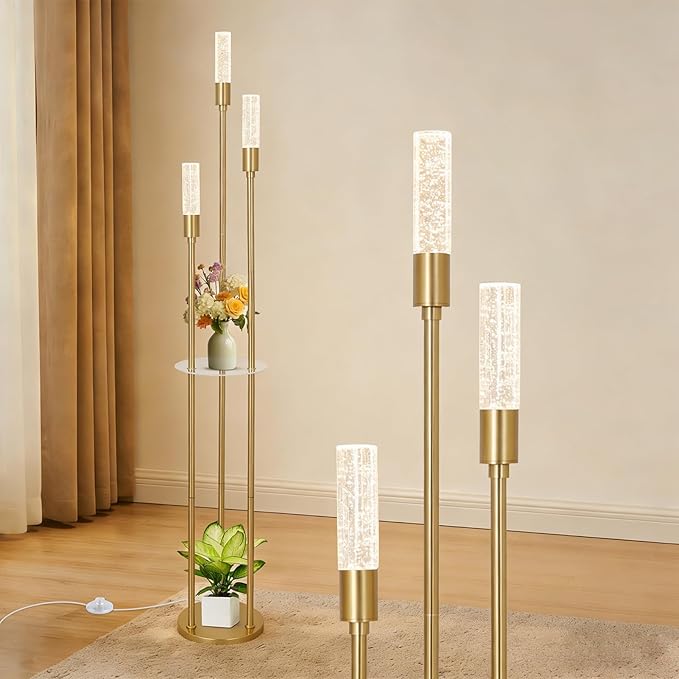Modern Gold Floor Lamps for Living Room, Bubble Crystal Floor Lamp with Shelves, Built-in LED Lights, Brass Standing Lamps with Foot Switch, Corner Tall Floor Lamp for Bedroom, House Decor