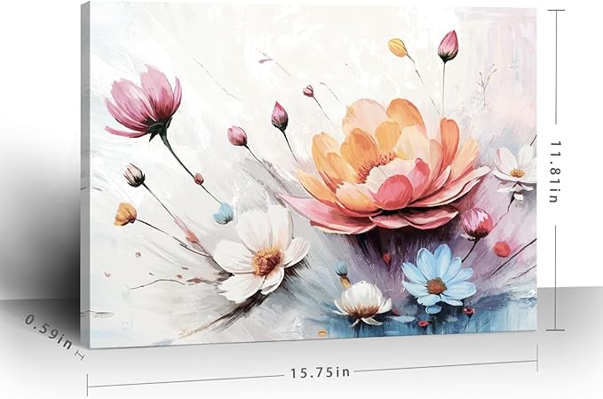 Amatop Canvas Wall Art Abstract Botanical Decor Pink White Blue Orange Colorful Flower Bouquet Print Small Size Art Work For Wall Decor Nature Landscape Canvas Picture For Bedroom Bathroom Office Dining Room 16X12In