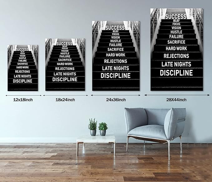 Large Inspirational Wall Art - Black and White Success Poster Positive Quotes Wall Decor Modern Motivational Artwork for Office Home, Framed & Stretched 28 x 44 inch
