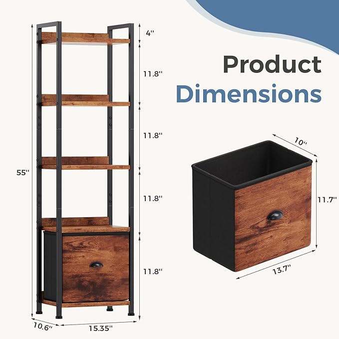 DUMOS 5 Tier Bookshelf, Bookcase with Fabric Drawer, Multi-Functional Display Standing Shelf for CDs/Books/Movies, Wood and Metal Storage Organizer in Bedroom, Living Room and Closet, Rustic Brown