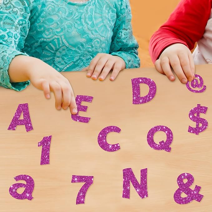 Colarr 216 Pcs Glitter Bulletin Board Letters for Classroom Number Alphabet Punctuation Symbol Cutout 4'' Die-Cut Poster Letter with Adhesive Dot School Party Holiday Decor Display(Purple)