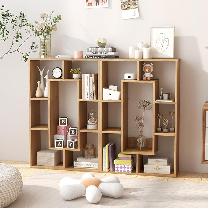 Tangkula 35.5” Geometric Bookshelf, Freestanding Wood Open Bookcase with 7 Cubes, Anti-Toppling Devices, Home Office Décor Rectangular Storage Shelf Display Rack for Study Living Room (2, Natural)
