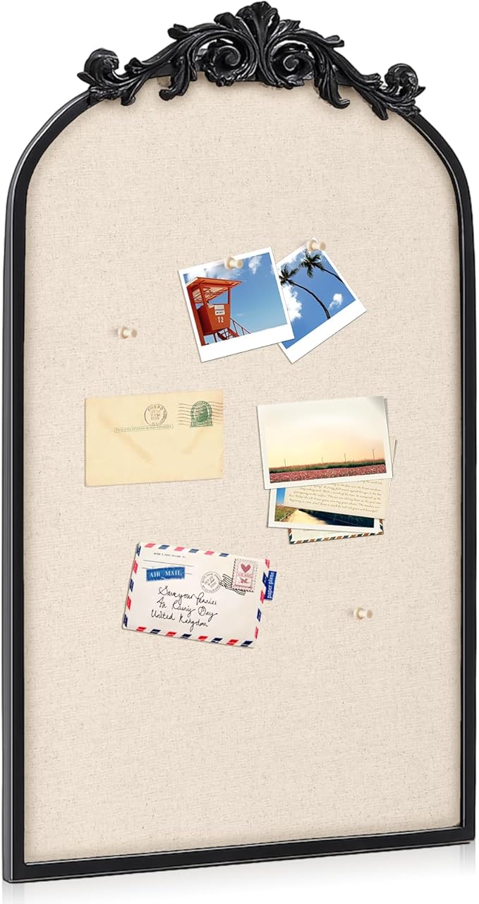Vintage Framed Pin Board Linen Display Bulletin Board Large Cork Fabric Picture Photo Pinboard Memo Ornate Decorative Pinboard Ornate for Wall Gift(Arch,19" X 31",Vintage Black)