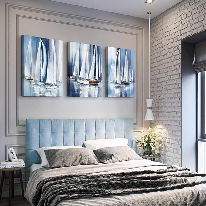 3 Piece Framed Canvas Wall Art For Living Room Bathroom Bedroom Wall Art Decor Ocean Landscape Sailboat Abstract Canvas Painting Ready To Hang Office Home Decoration Sea Poster Pictures Wall Artworks