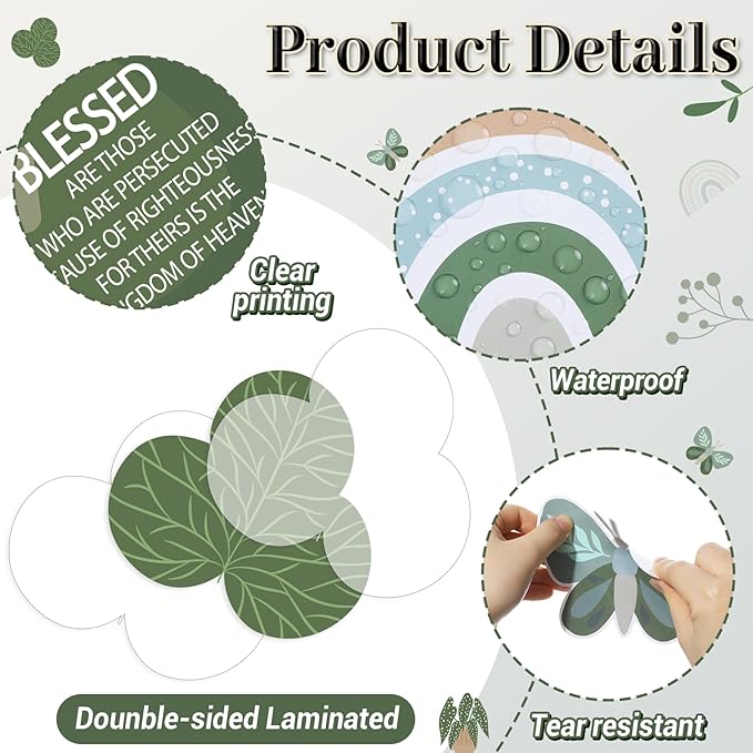Christian Bulletin Board Decoration The Beatitudes Matthew 5:3-12 Classroom Decoration Motivational Bible Verse Paper Cutouts for Back to School Sunday School Church Parish Decor（Greenery）