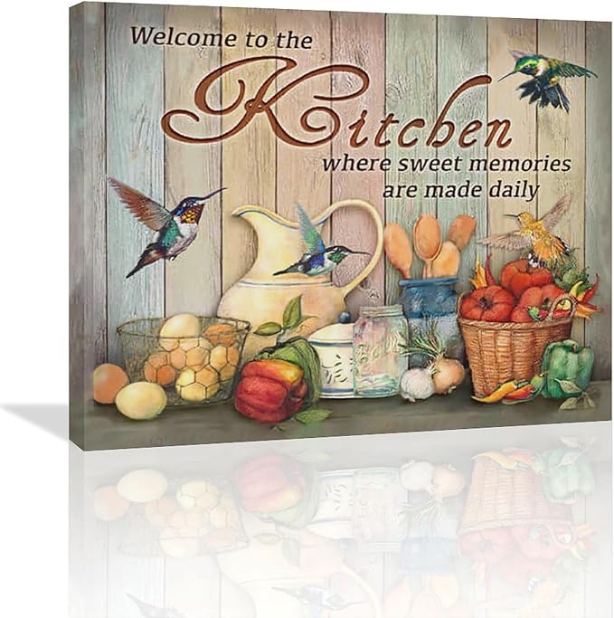 Farmhouse Kitchen Wall Art Country Hummingbird Kitchen Pictures Wall Decor Rustic Vegetables Food Canvas Painting Kitchen Signs Modern Artwork Home Kitchen Decorations Framed 24"x20"