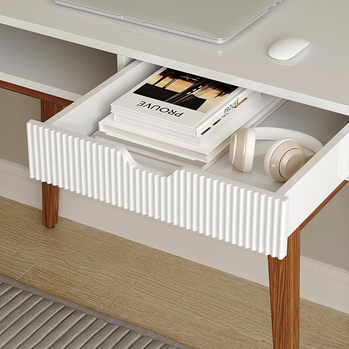 White Computer Desk with Drawers - 45 inch Minimalist Small Solid Wood Mid-Century Modern Office Desk for Home - Boho Style Writing Table with Open Storage,Light Wooden Desk Workspace