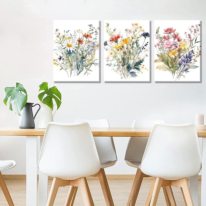 Colorful Wildflower Canvas Wall Art Watercolors Botanical Flower Painting Picture Wall Decor Modern Painting Floral Poster Print Artwork for Bedroom Living Room Gallery Home Decoration Framed