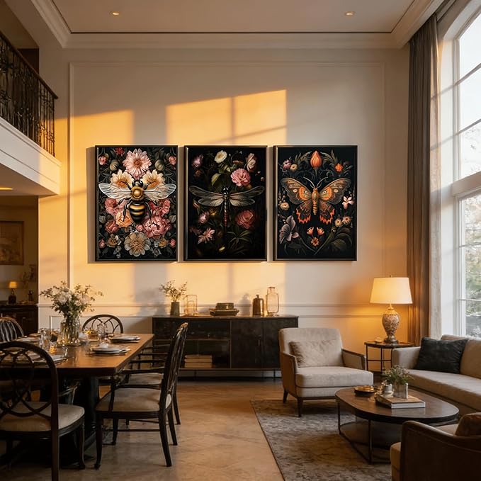 3pcs Dark Floral Wall Art Vintage Butterfly Dragonfly Bee Painting Picturts Wall Decor Gothic Dark Academia Aesthetic Posters Print Artwork for Bedroom Living Room Home Decoration 16x24in Unframed