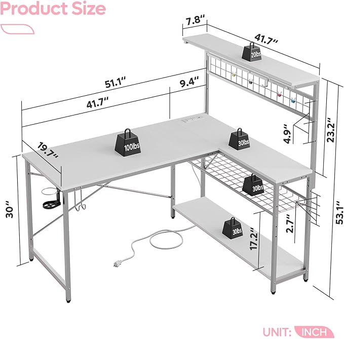 Bestier Gaming Desk 51" L-Shaped, with Power Outlets & LED Lights- 4 Tier Shelves, Reversible Gamer Table with Hooks & Cup Holder for Home Office,Carbon Fiber White