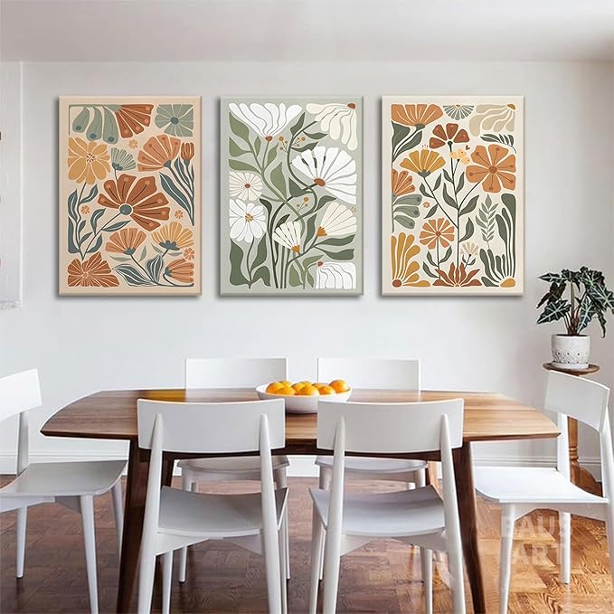 KISSFOX Framed Canvas Wall Art Abstract Floral Botanical Print Set of 3 Green Beige Wildflower Flower Market Paintings Boho Modern Minimalist Pictures Decor Bedroom Bathroom Living Room 16"x24"