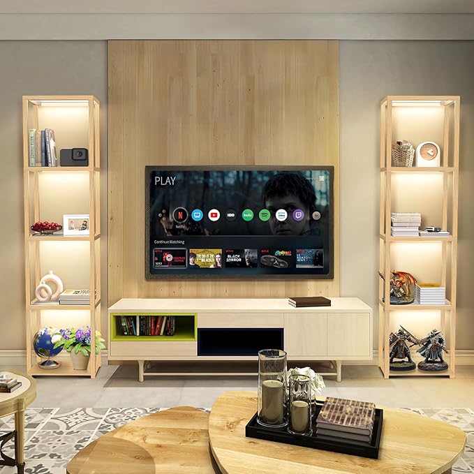 OUTON 67" Glass Display Shelf with Dimmable LED Floor Lamp, Collectibles Display Cabinet with Remote & App Control, 5 Tier Open Bookshelf Lamp for Living Room, Bedroom, Office, Home Decor, Wood