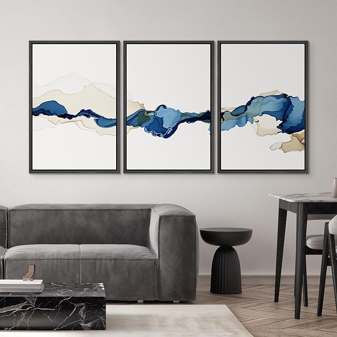 SIGNWIN 3 Piece Framed Canvas Wall Art Blue and Brown Watercolor Nature Wilderness Illustrations Abstract Traditional Relax/Calm Home Artwork Decoration for Living Room,Bedroom - 16"x24"x3 Black