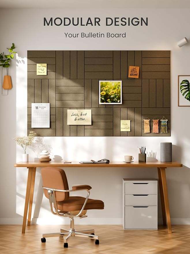 Bumusty Large Cork Board Alternative-48 x 36" Felt Bulletin Board Tiles, with 30 Pushpins, 70 Adhesive Tabs, 12-Pack Slat Wall Paneling, Cork Boards for Office Push Pin Board Felt Board-Earth Brown