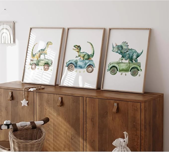 Dinosaur Nursery Wall Art Kids Canvas Poster Baby Boy Nursery Wall Decor Green Dino Pictures Toddler Prints Cartoon Dino Car Painting Boys Room Artwork for Bedroom Bathroom 12x16x3 Inch Unframed