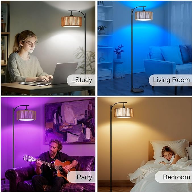 Boho Arc Floor Lamp for Living Room, Rattan Floor Lamp with Remote Control, Dimmable RGB LED Floor Lamps, Bohemian Black Standing Lamp Tall Lamp for Bedroom Office