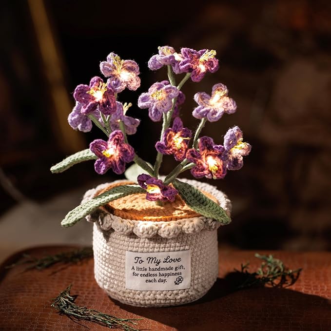 Forget Me Not Flower Lamp - Purple Crochet Artificial Flowers with Night Light, Cordless Table Lamp, Cozy Home Decor Crochet Gifts