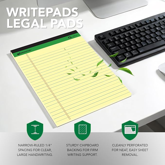 KAISA Yellow Legal Pads 12Pads 600 Sheets Writing Pads Recycled Paper 5"x8" Norrow Ruled Lined Paper Small Legal pad Perforated 50 sheets/pad Notepads Writing Tablet Canary For Office Supplies (Canary 12pads)