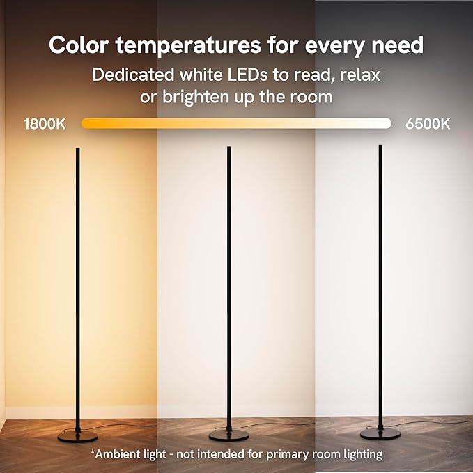 Aura Labs RGBICW Floor Lamp, Ambient Light LED Corner Light Alexa Control with Music Sync 1000 Lumen 4-Billion Colors, 90+ CRI, Preset & Custom Colors & Scenes, Modern Floor Lamps for Living Room