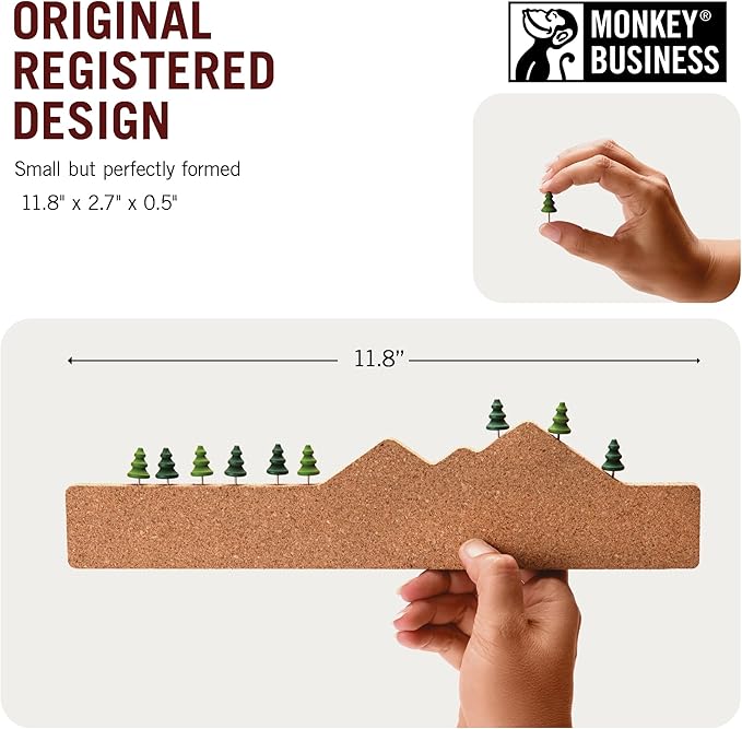 Monkey Business Memo Mountain Cork Board Strip - Corkboard Pin Board with Mountain Scene Pushpins, Office Accessories, Cute Cork Boards for Walls
