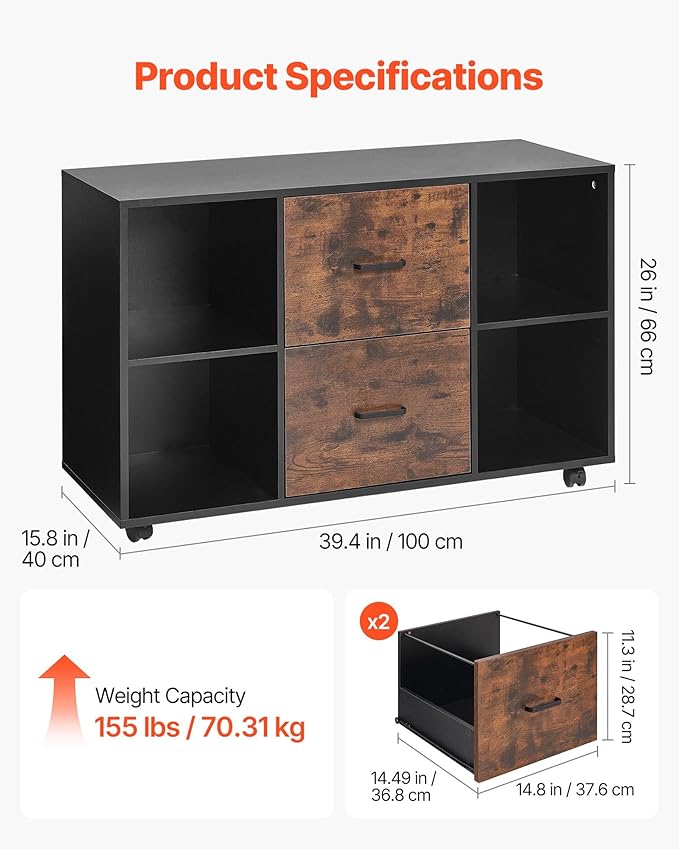 VEVOR 2 Drawer Wooden File Cabinet, Mobile Filing Cabinet with Open Shelves, Lateral Rolling File Storage with Lockable Wheels, Modern Free Standing Printer Stand for Home, Office, School, Black