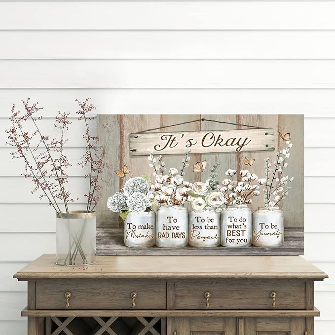 Parylore Floral Farmhouse Wall Art Canvas Encouraging Bible Verse On Marson Jars and Butterfly Print Wall Decor It's Okay Inspirational Quotes Picture Framed for Bedroom Decor 16x24 In