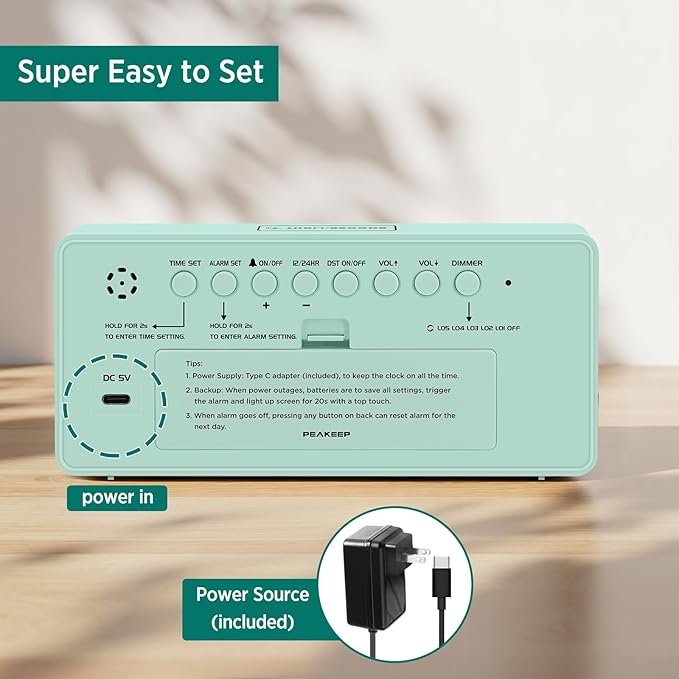 Peakeep Digital Clock, Alarm Clock Battery Backup Powered for Bedrooms - Mirror Face Large Numbers 6 Dimmers for Seniors, Super Loud for Heavy Sleepers (Aqua)