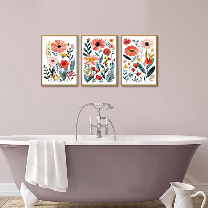 KISSFOX Colorful Wildflower Canvas Wall Art Set Of 3 Flowers Pictures Prints Flowers Printing Floral Watercolors Flower wall Decor Living Room Girls Bedroom Bathroom (Blue Orange, 12"x16" Natural Framed, Framed)