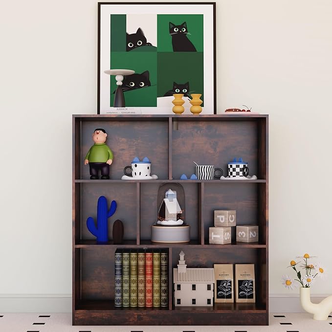 7 Cube Wooden Bookshelf with Base,3-Tier Freestanding Open Storage Organizer,Multi-Functional Bookcase for Living Room,Bedroom,Study and Office (Dark Brown, 7-Cube)