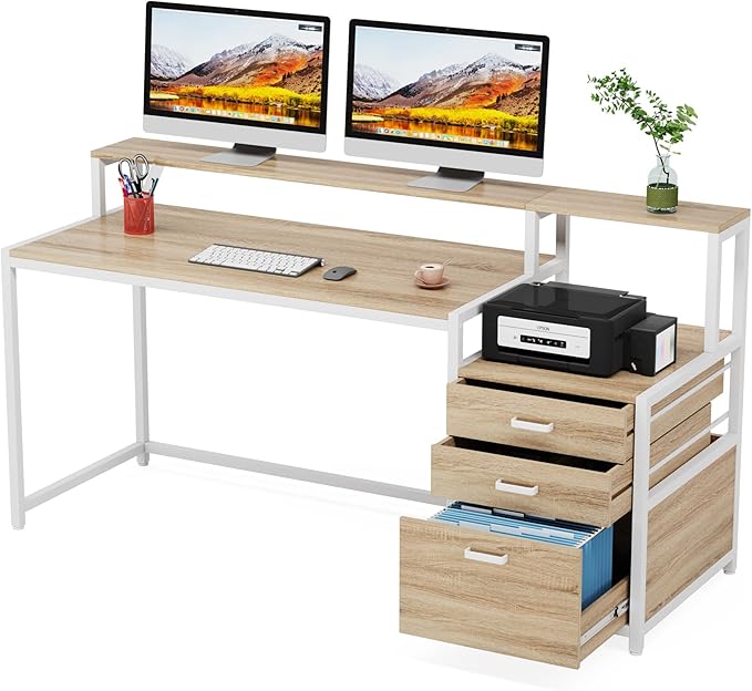 Tribesigns 63 Inch Computer Desk with File Drawer Cabinet, Ergonomic Office Desk with Monitor Stand, Industrial Computer Table with Printer Space, Wood PC Table Workstation Desk for Home Office