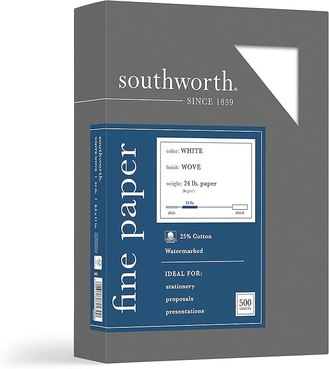 Southworth 404C 25% Cotton Business Paper White 24 lbs. Wove 8-1/2 x 11 500/Box FSC