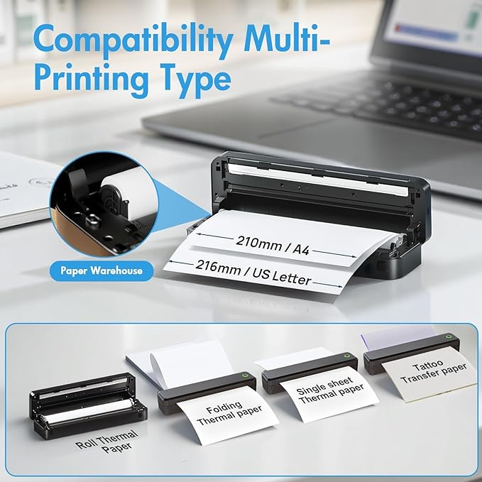 Portable Printers Inkless Thermal A4 Label Maker US Letter/A4/A5/B5 Android iOS Phone & Laptop for Travel Office School(Black)