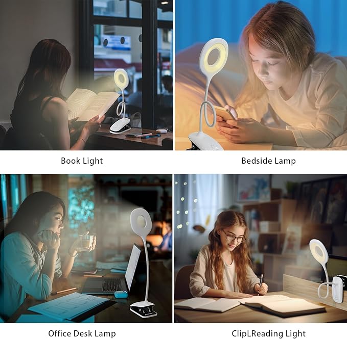 Clip On Reading Light for Bed Headboard, USB Rechargeable Clip Lamp for Dorm Room Essentials, Touch Dim, 3 Colors, Eye Protect Desk Lamp for College Dorm Room, White