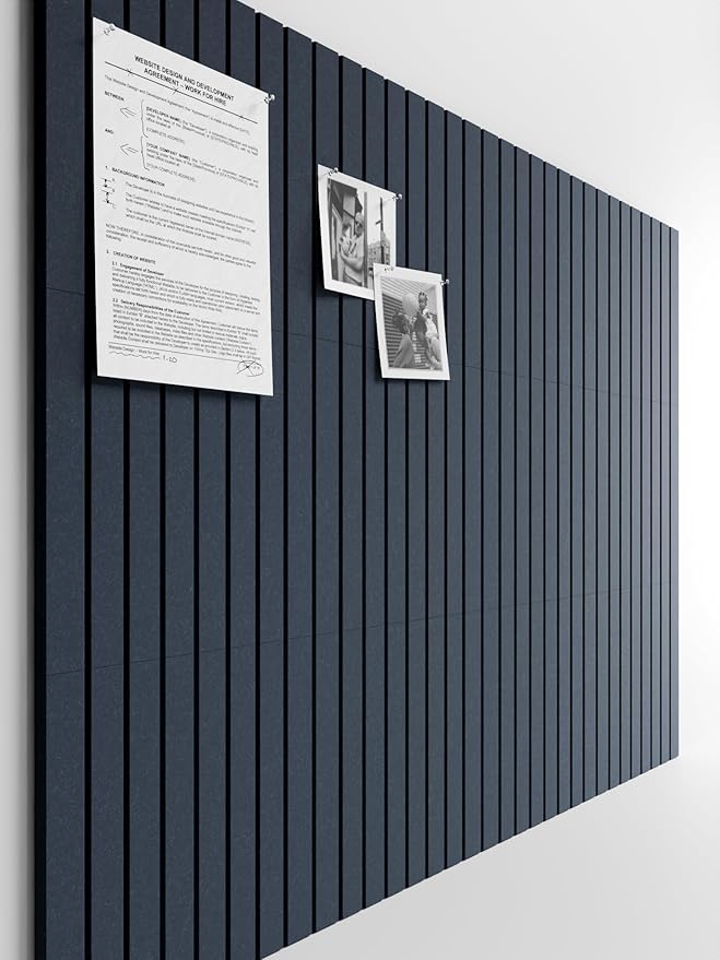 Bumusty Large Cork Board Alternative-48 x 36" Felt Bulletin Board Tiles, with 30 Pushpins, 70 Adhesive Tabs, 12-Pack Slat Wall Paneling, Cork Boards for Office Push Pin Board-Deep Charcoal Blue
