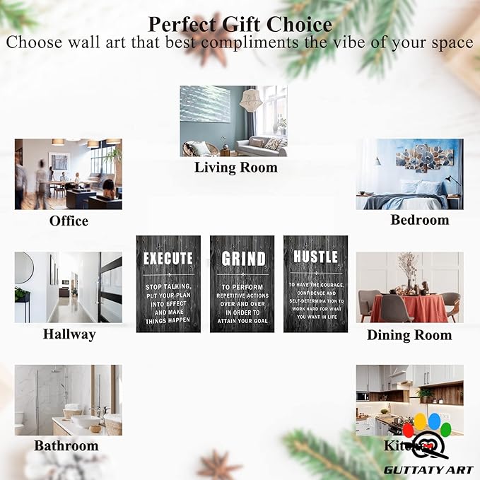 Office Wall Art - 3 Panel Motivational Wall Art, Inspirational Quotes Canvas Art for Home Office Wall Decor, Positive Quotes Wall Decor, Entrepreneur Grind Hustle Execution Poster Frame (24”x36”x3Pcs)