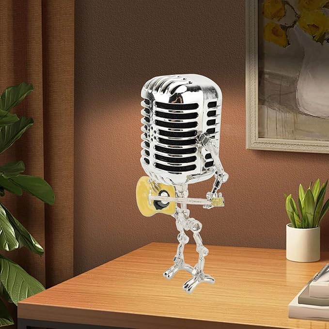 ZJchao Vintage Microphone Guitar Robot Table Lamp Aluminum Retro Metal Robot Night Light for Bedroom Desk Home Decor (Yellow)