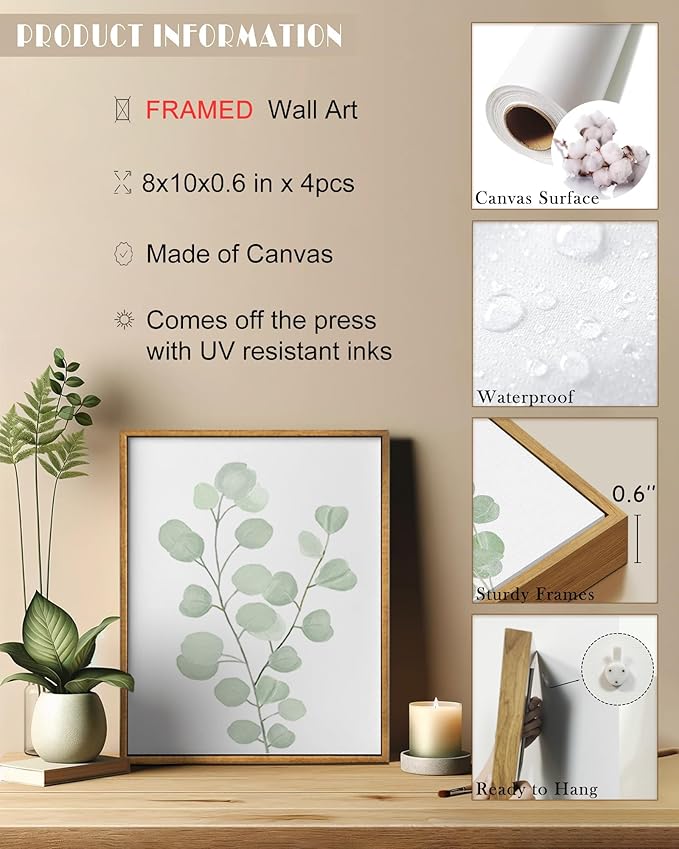 Drsoum Framed Botanical Plant Canvas Wood Wall Art Light Green Sage Wall Decor Eucalyptus Leaf Picture for Bedroom Living Room Bathroom Office 8”x 10” x 4pcs