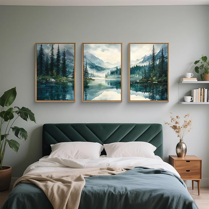 HLNIUC Green Foggy Forest Mountain Wall Art Framed,Large Boho Watercolor Pine Tree Wall Decor set of 3 (24"x36"), Nature Dark Lake Landscape Scenery Canvas Painting for Living Room, Bedroom, Office