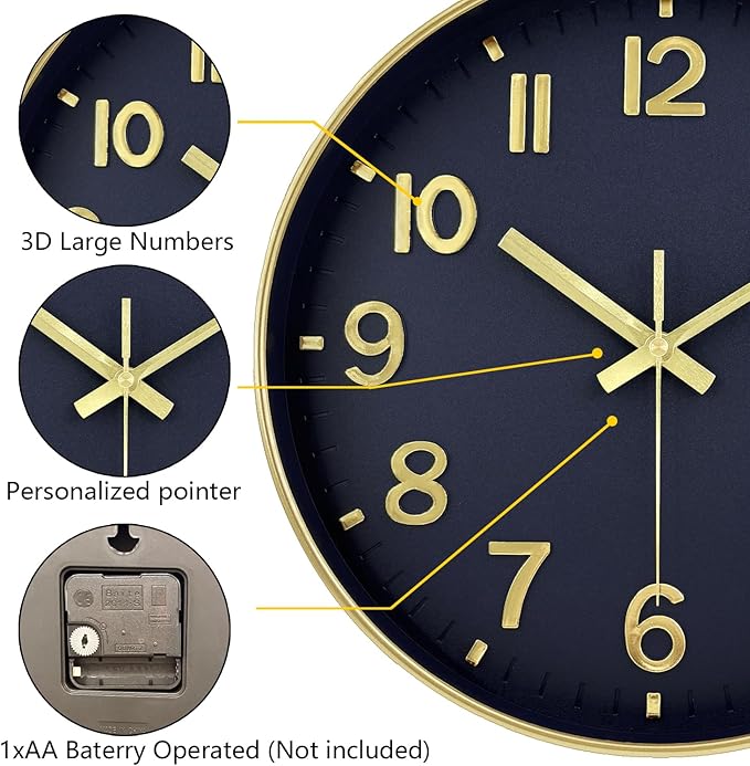 Wall Clock, 8 Inch Wall Clocks Battery Operated, Modern Non Ticking Silent Digital Analog Small Wall Clock for Bedroom Living Room Kitchen Office Gym Classroom Outdoor Clocks, Gold Blue