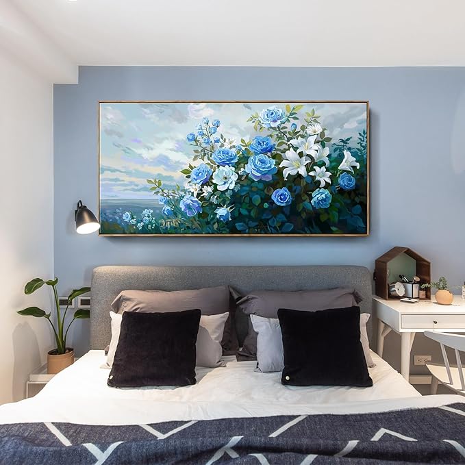 Framed Extra Large Botanical Wall Art – Blue and White Flower Canvas Painting for Living Room Bedroom – Rustic Wood Frame Floral Décor 58x29 Inch