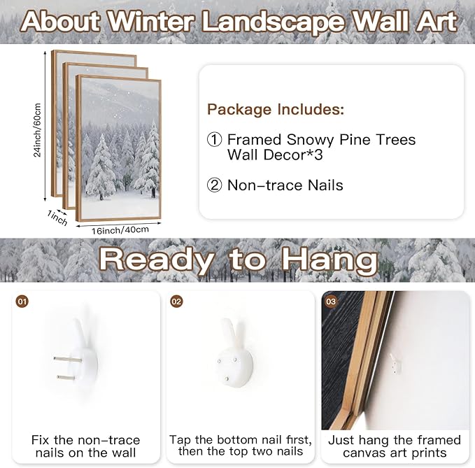 CHDITB Snowy Christmas Pine Trees Framed Canvas Wall Art(16"x24"), 3 Panels Winter Forest Landscape Artwork Prints, Large Neutral Abstract Nature Evergreen Snow Scene Xmas Gift Decor for Home Office Bedroom