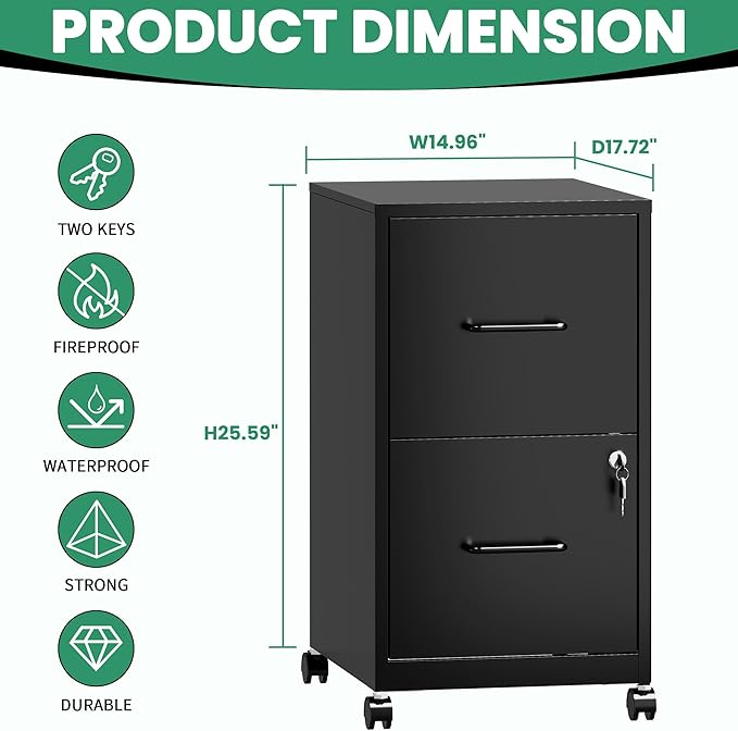 2-Drawer Mobile File Cabinet with Lock & Wheels,Under Desk File Cabinets for Home Office,Steel Rolling Cabinet for Legal/Letter Files(Black)