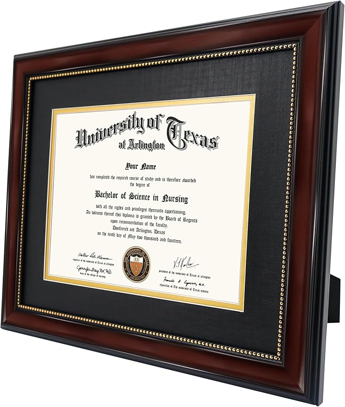 GraduationMall 7x9 Diploma Frame with Black over Gold Mat or Display 10x12 Document without Mat, Tempered Glass, Mahogany with Gold Beads
