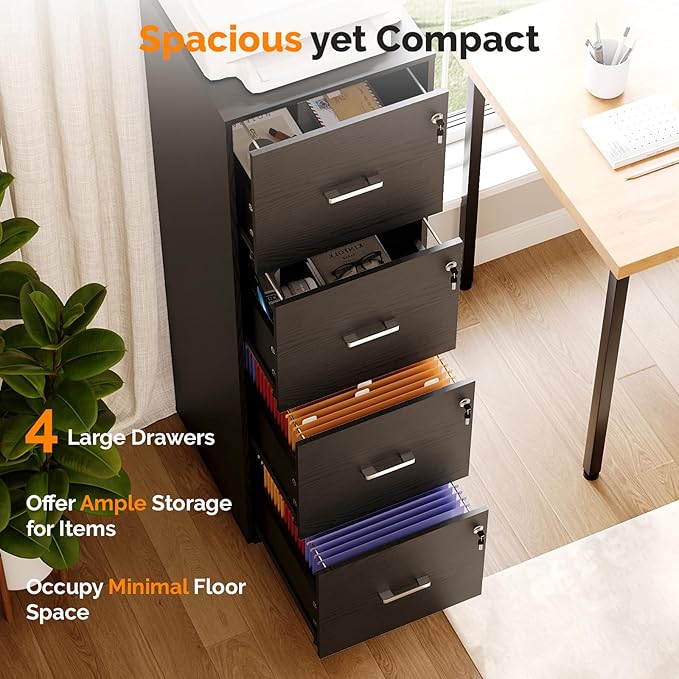 VINGLI 4 Drawer File Cabinet with Lock, Home Office Filing Organizer, for Letter Size File Folder Storage, Wood Tall Vertical Filing Cabinet, Printer Stand, Archivador (Black)